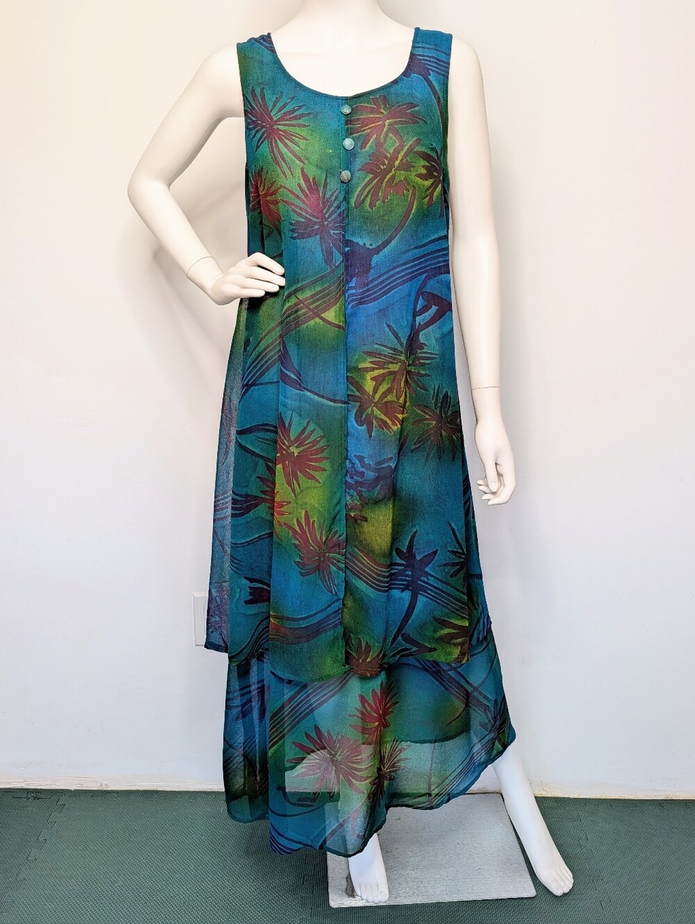 90s Teal, Blue, & Purple Abstract Pattern Sheer Layered Sleeveless Maxi Dress